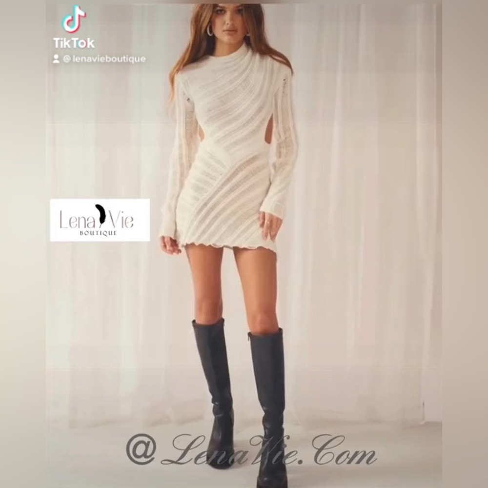 Powder Line Knit Long Sleeve Faux Wrap Cutout Sweater Mini Dress, High Neckline - Picture 5 of 8